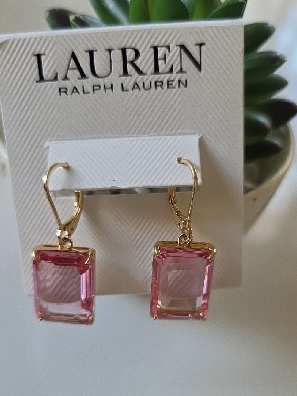 Lauren Ralph Lauren Gold-Tone Earrings with Pink Rectangular Stones